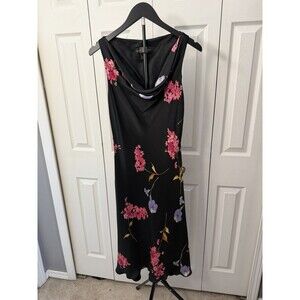 Jones New York Y2K Silk Dress Size 10 Black Pink Floral Slip Maxi Hi-low Dress